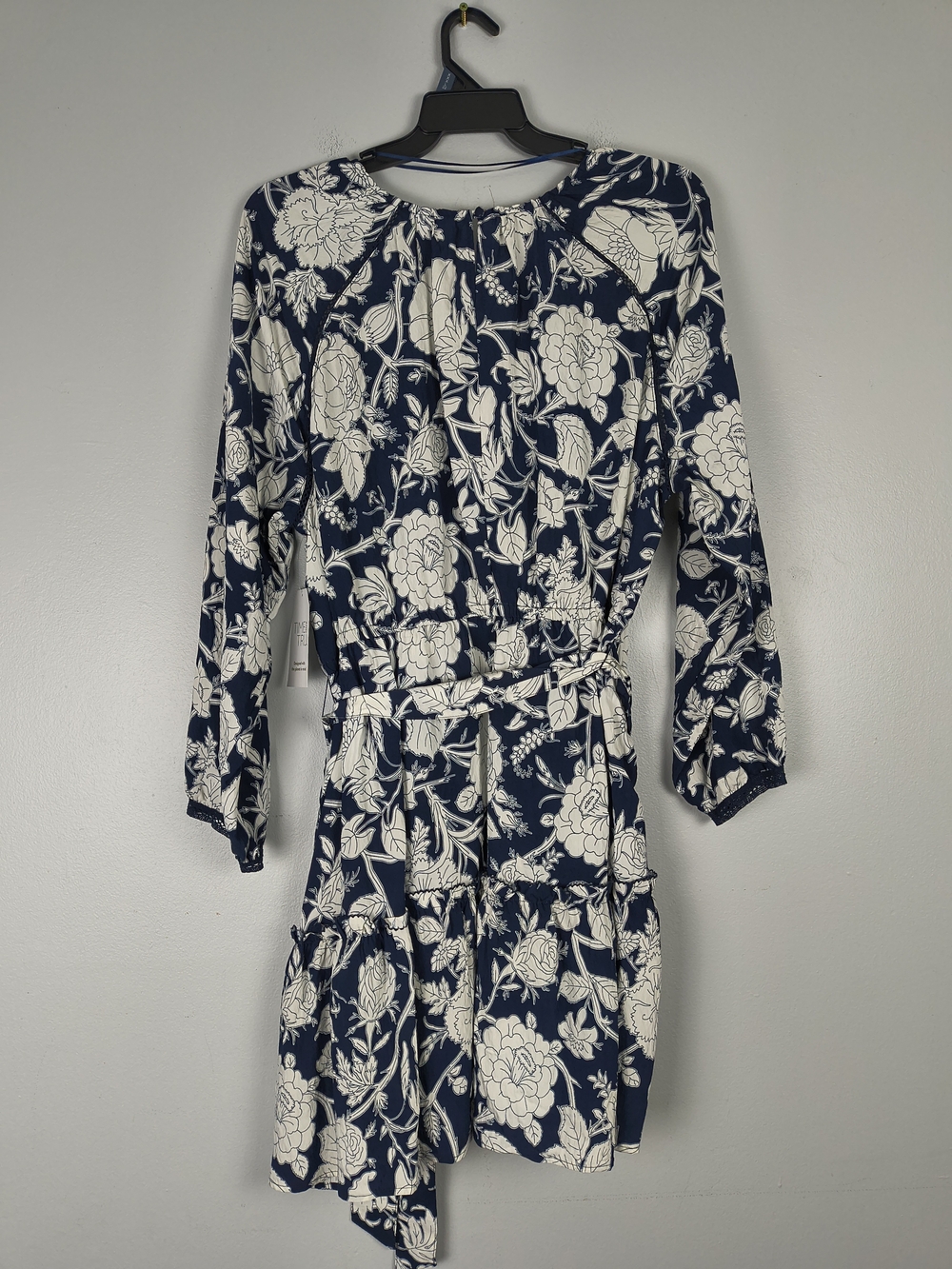 Time & Tru Mini Dress Women's XXXL 22 Blue White Printed Long Sleeve Tie Waist - Picture 7 of 13
